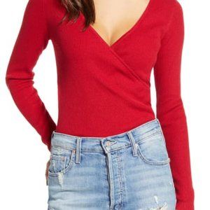 Low Cut Rib Wrap Tight Red Sweater